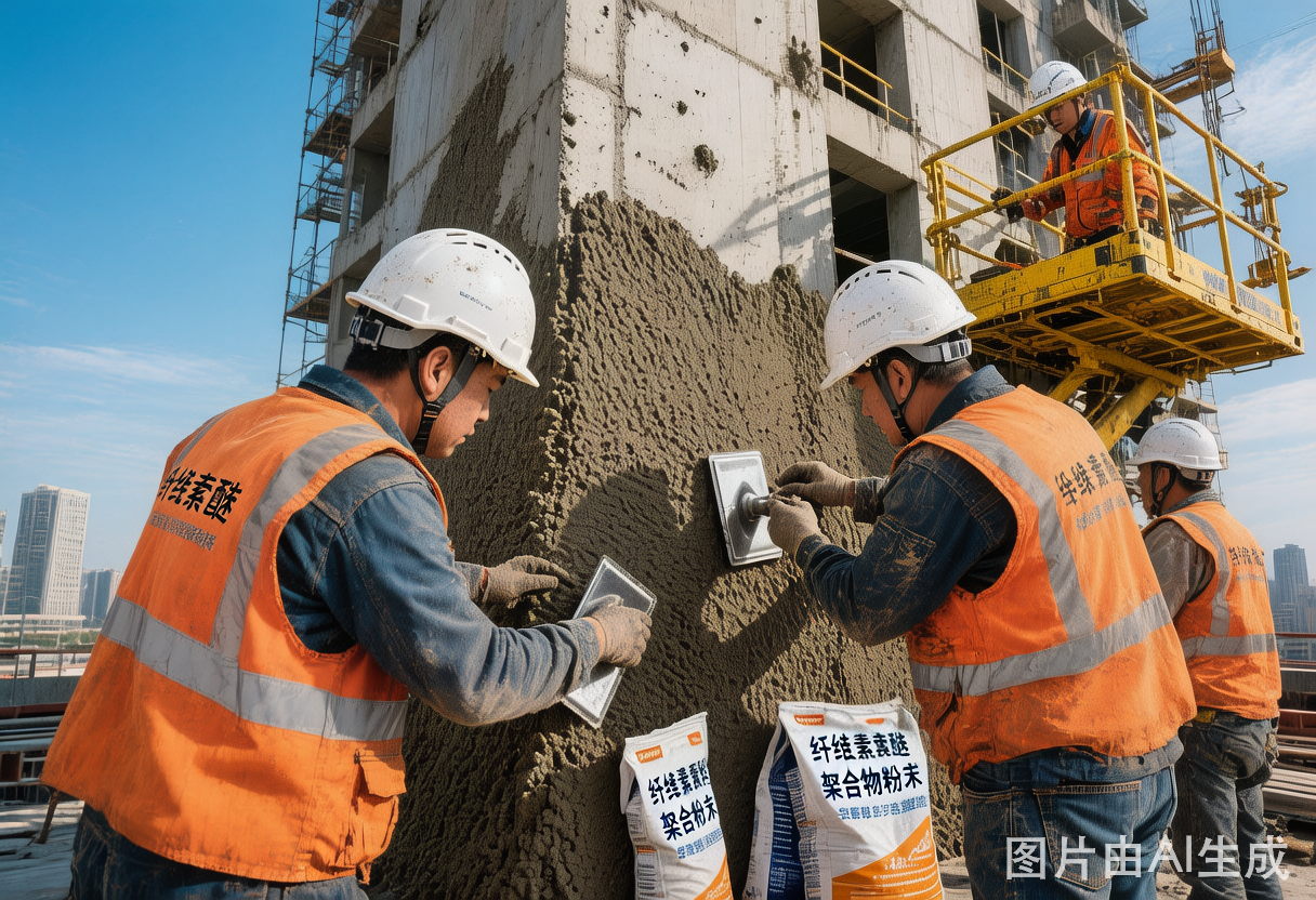 Construction site with dry-mix mortar application
